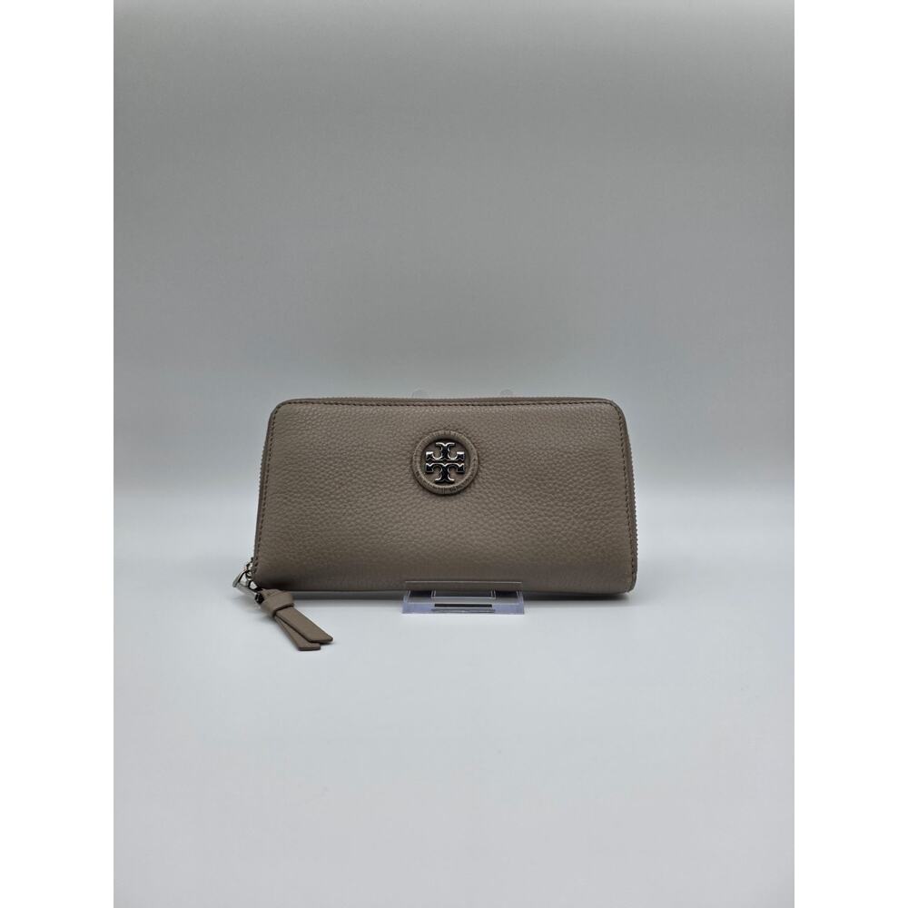Tory Burch Pebbled Leather Zip Around Wallet Taupe Beige Continental